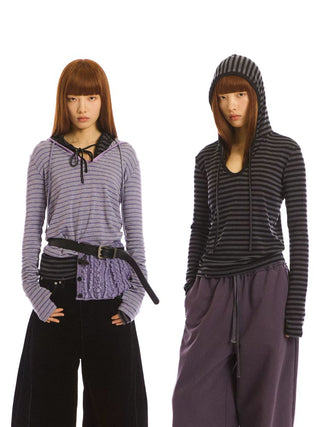 [NeverSeez] Striped Hooded Base Layer Knit Top