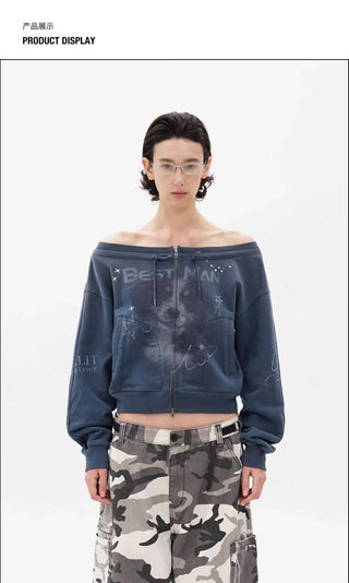 [MASONPRINCE] Off-Shoulder Cropped Zip-Up Cardigan