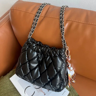 Demi Quilted Square Shirring Silver Chain Shoulder Bag