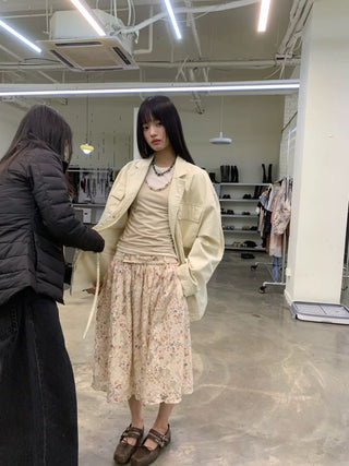 [NEVERSEEZ] Layered Lace Floral Midi Skirt