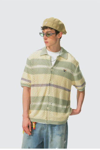 [Monterest] Open Knit Striped Short Sleeve Cardigan
