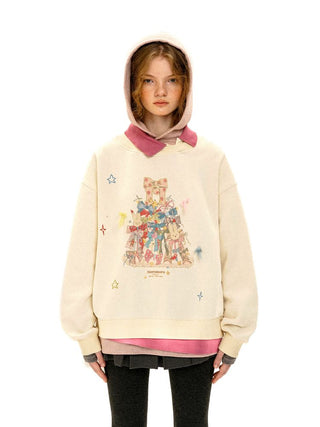 [Moromoro2] Bow Print Layered Hooded  Sweatshirt