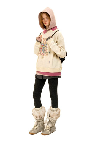 [Moromoro2] Bow Print Layered Hooded  Sweatshirt
