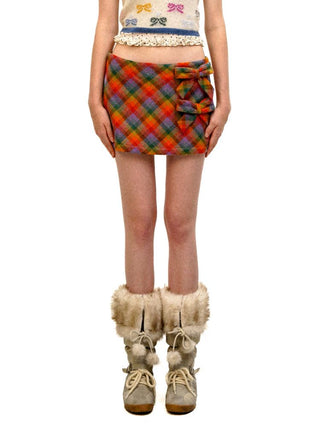 [Moromoro2] Wool Plaid Bow Mini Skirt