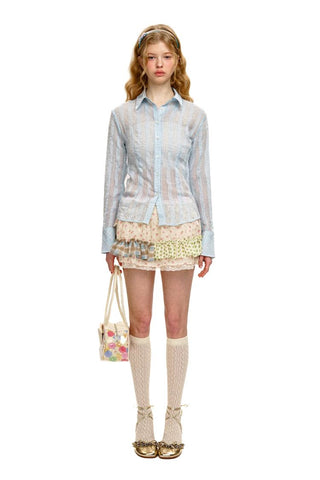 [Moromoro2] Sheer Slim Fit Checkered Long Sleeve  Shirt