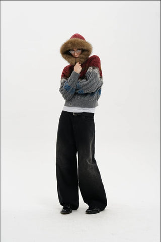 [MASONPRINCE] Fair Isle Fur Hood Wool Blend Cardigan