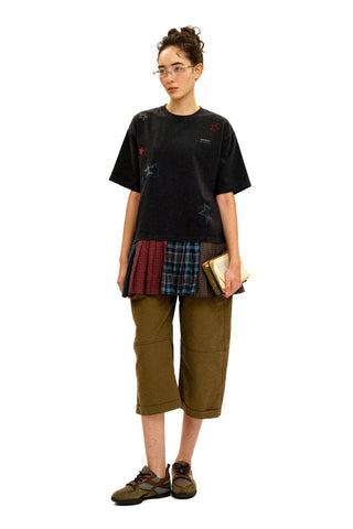 [Moromoro2] Star Patchwork Pleated Check  T-Shirt