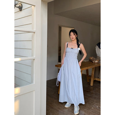 bow light blue striped long dress