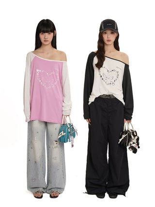 [Moromoro2] Y2K Bunny Print Wide Neckline Raglan  Tee