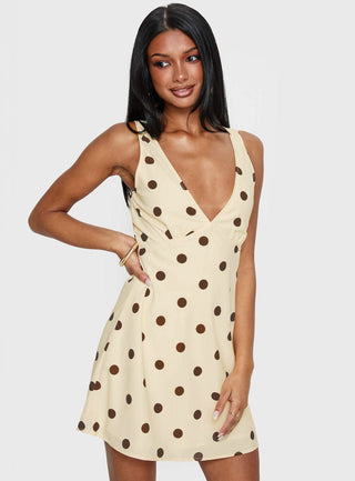 Nellie Mini Dress Lemon  Brown Polka Dot