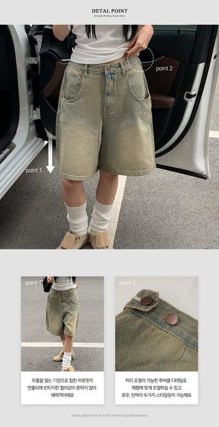 Two-buckle Bermuda Vintage Faded Denim 3/4 Length Pants pt