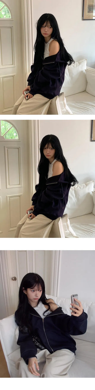 Double-layer heavy two-way hooded zip-up/t-shirt - 9 colors
