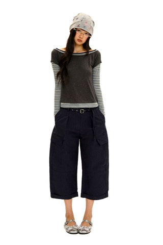 [Moromoro2] 3D Silhouette Belted Work Cropped  Pants