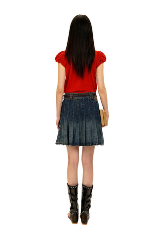 [Moromoro2] Contrast Stitch Belt Denim Pleated  Skirt