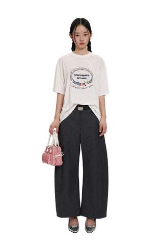 [Moromoro2] Bow Embroidery Flower Washed Cotton  Tee