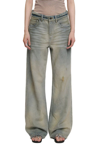 [Moromoro2] Washed Pleated Wide Leg Jeans