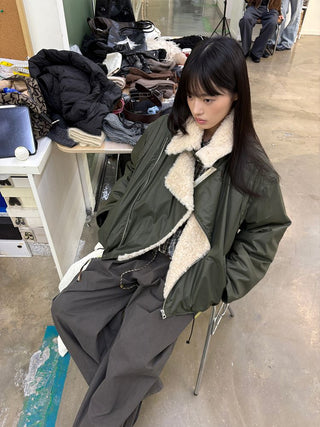 [NEVERSEEZ] Lapel Fleece Diagonal Zipper Jacket