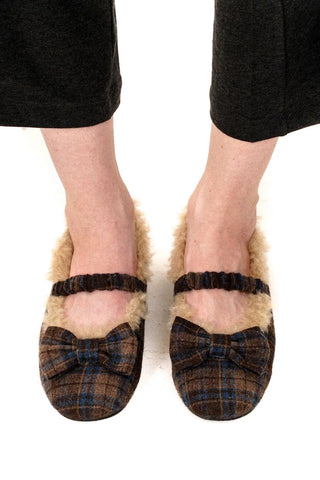[Moromoro2] Plaid Bow Fur-Lined Ballet  Flats