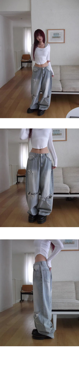 Lace Damage Vintage Faded Light Blue Pants