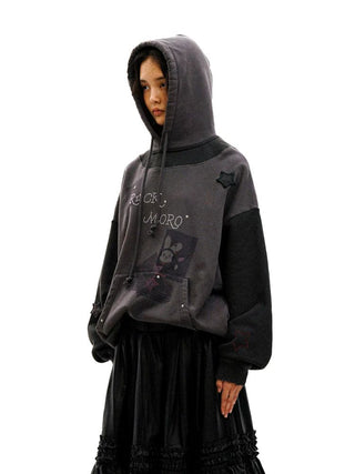 [Moromoro2] Rhinestone Patchwork Hoodie