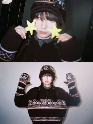 [Moromoro2] Fair Isle Knit Mittens with  Strap