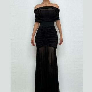 Off shoulder ruched mesh patchwork solid maxi dress-final-sale