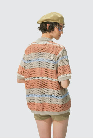 [Monterest] Open Knit Striped Short Sleeve Cardigan