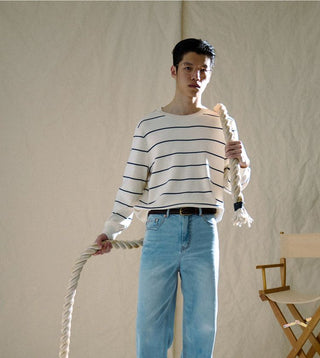 [CULTUM] Crewneck Striped Cotton Knit Sweater