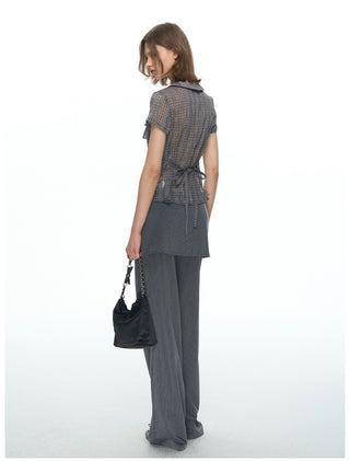 [NECY] Purple Grey Ruffle Plaid Shirt