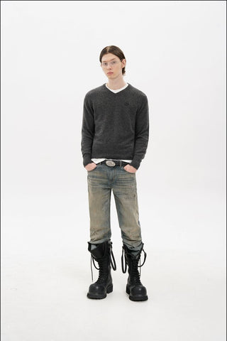 [MASONPRINCE] Wool Blend V-Neck Distressed Sweater