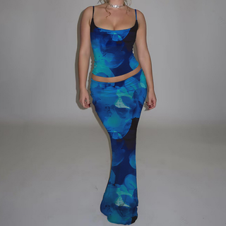 U neck flower print backless cami maxi skirt set