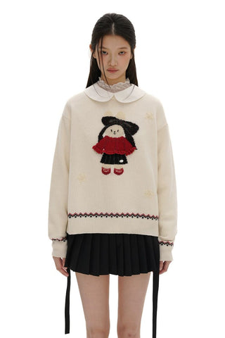 [Moromoro2] Rabbit Embroidered Fair Isle Knit  Sweater