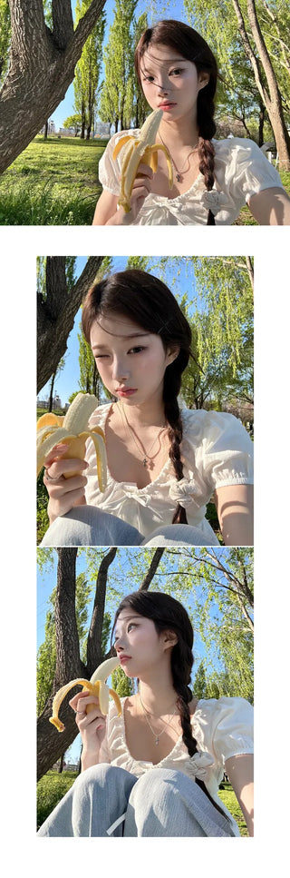 Picnic Ribbon Round Puff Pintuck Blouse - 2 Colors