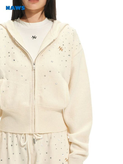 [NOTAWEAR] Rhinestone Hooded Zip-Up Knit  Cardigan