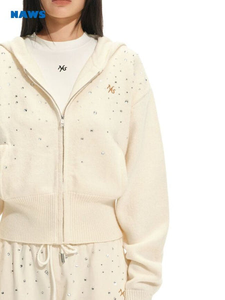 [NOTAWEAR] Rhinestone Hooded Zip-Up Knit  Cardigan