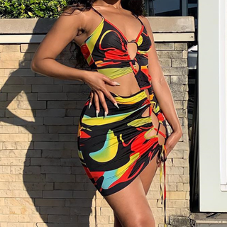 Hollow out ruched v neck print cami cut out mini dress