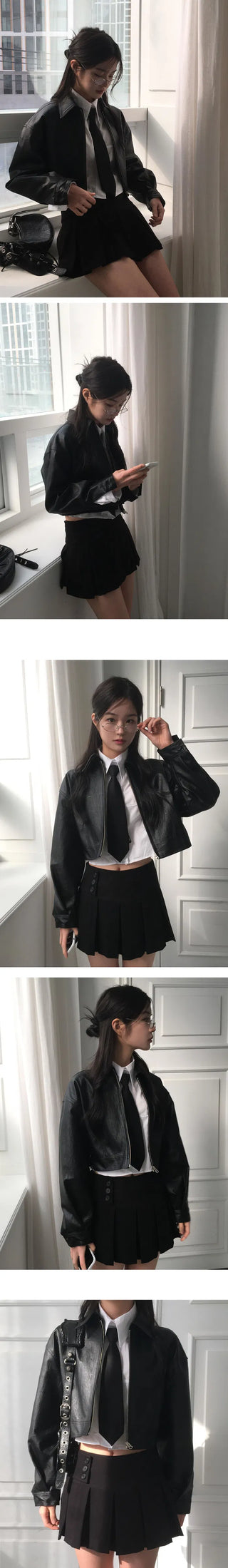 Single-collar half-crop leather jacket - 3 colors