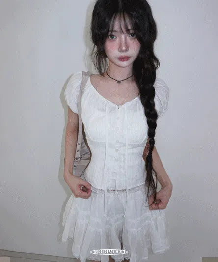 Jelly Shirred Lace Puff Blouse - 2 colors