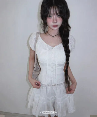 Jelly Shirred Lace Puff Blouse - 2 colors