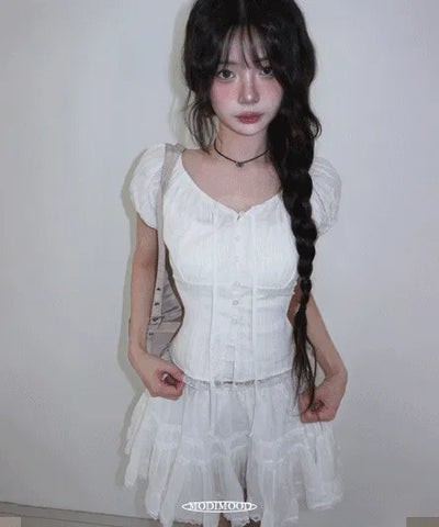 Jelly Shirred Lace Puff Blouse - 2 colors