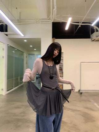 [NeverSeez] Mesh Layered Pleated Vest Dress