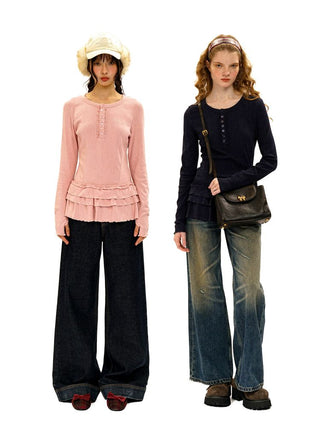 [Moromoro2] Soft Ribbed Lace Trim Long Sleeve  Top