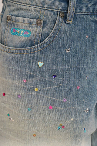 [Moromoro2] Rhinestone Bow Embroidered  Denim