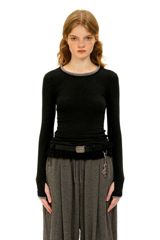 [Moromoro2] Layered Contrast Neckline Knit  Top