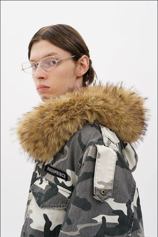 [MASONPRINCE] Camouflage Fur Collar Oversized Parka Coat