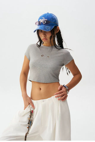 [Monterest] Cutout Embroidery Slim Fit Crop Tee