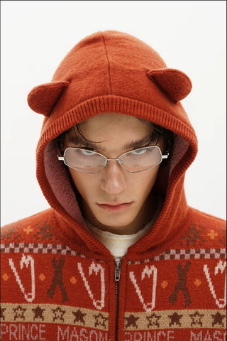 [MASONPRINCE] Funny Bear Fleece Lined Hooded Knit
