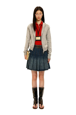 [Moromoro2] Contrast Stitch Belt Denim Pleated  Skirt