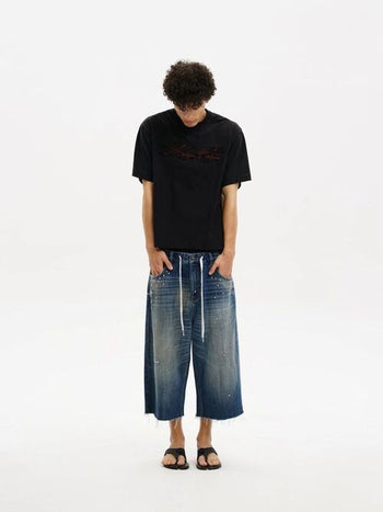 [MASONPRINCE] Studded Script Embroidery Wide Jeans