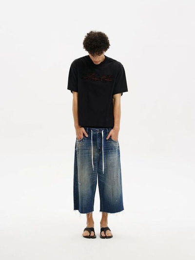 [MASONPRINCE] Studded Script Embroidery Wide Jeans